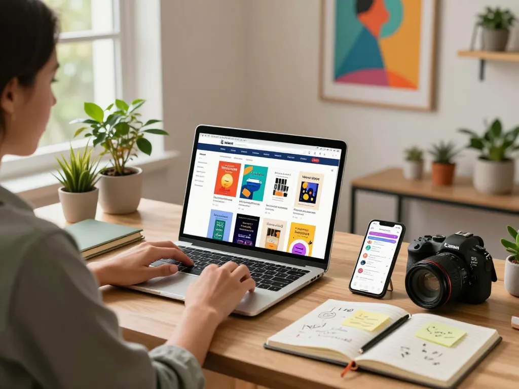 Buy Private Label Rights Products while browsing a stylish workspace showcasing vibrant digital offerings.