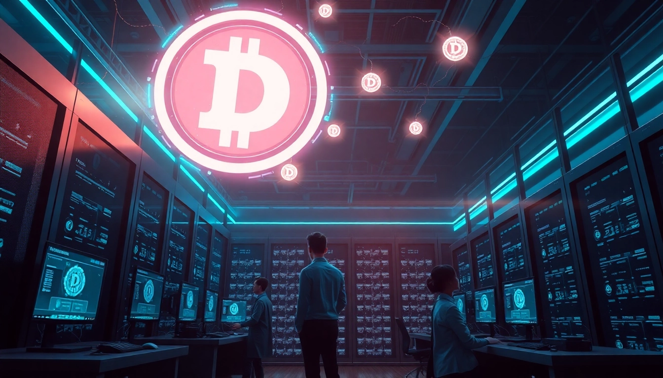 Visual representation of Dogecoin cloud mining in a high-tech data center with glowing symbols and professionals.