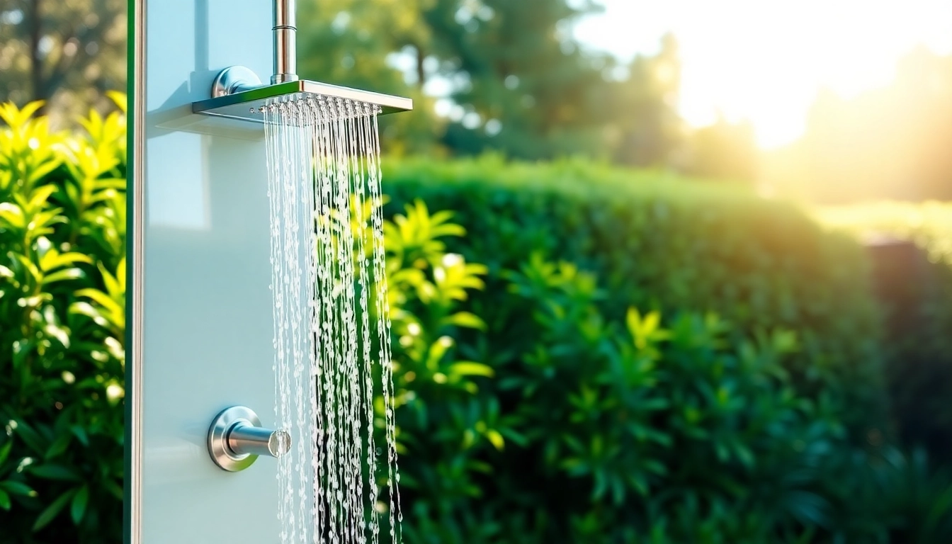 Experience a refreshing vibe with the sunny shower USA setup amidst a serene garden.