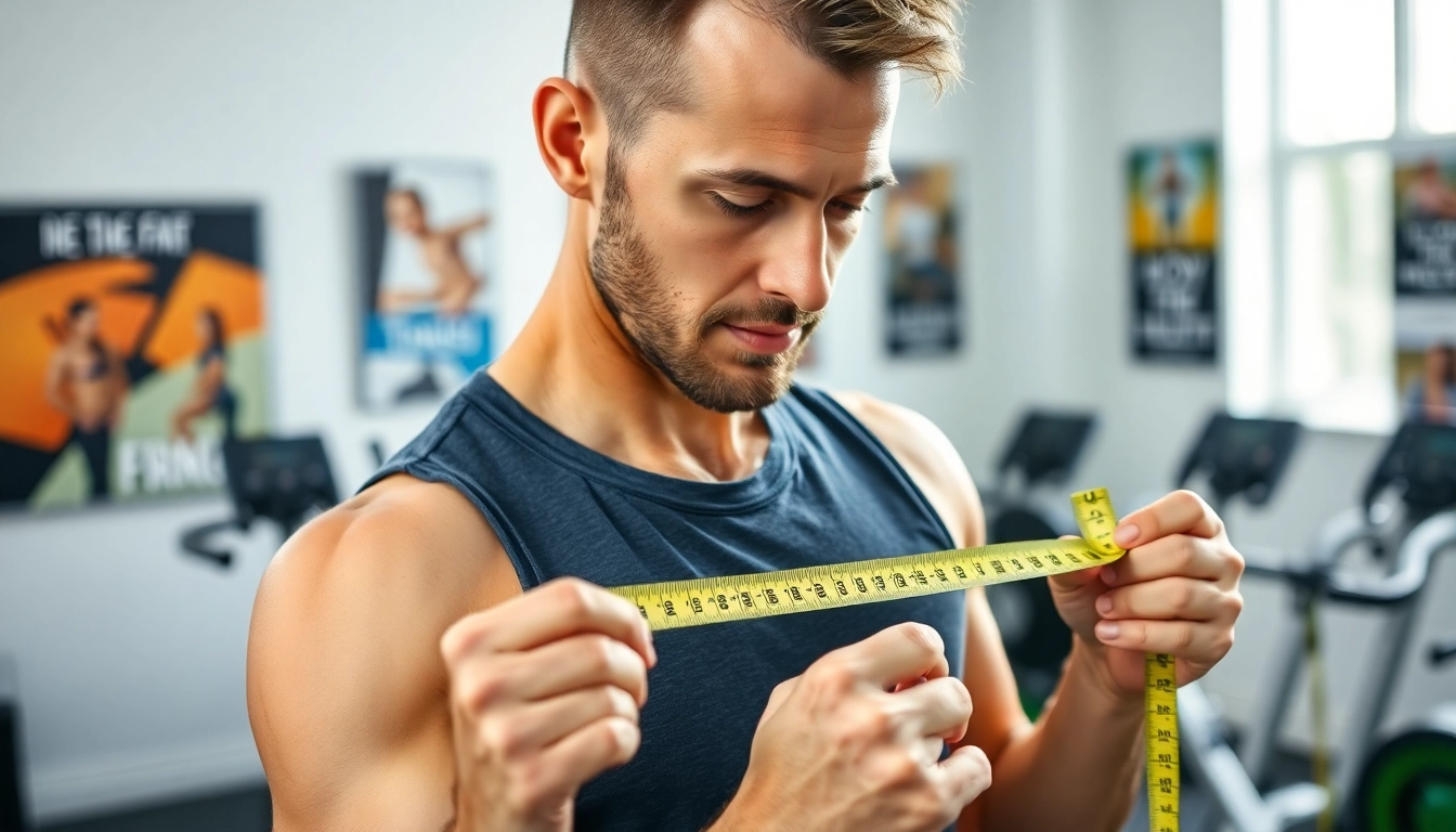Use body fat percentage calculator with a trainer using a measuring tape in a home gym.
