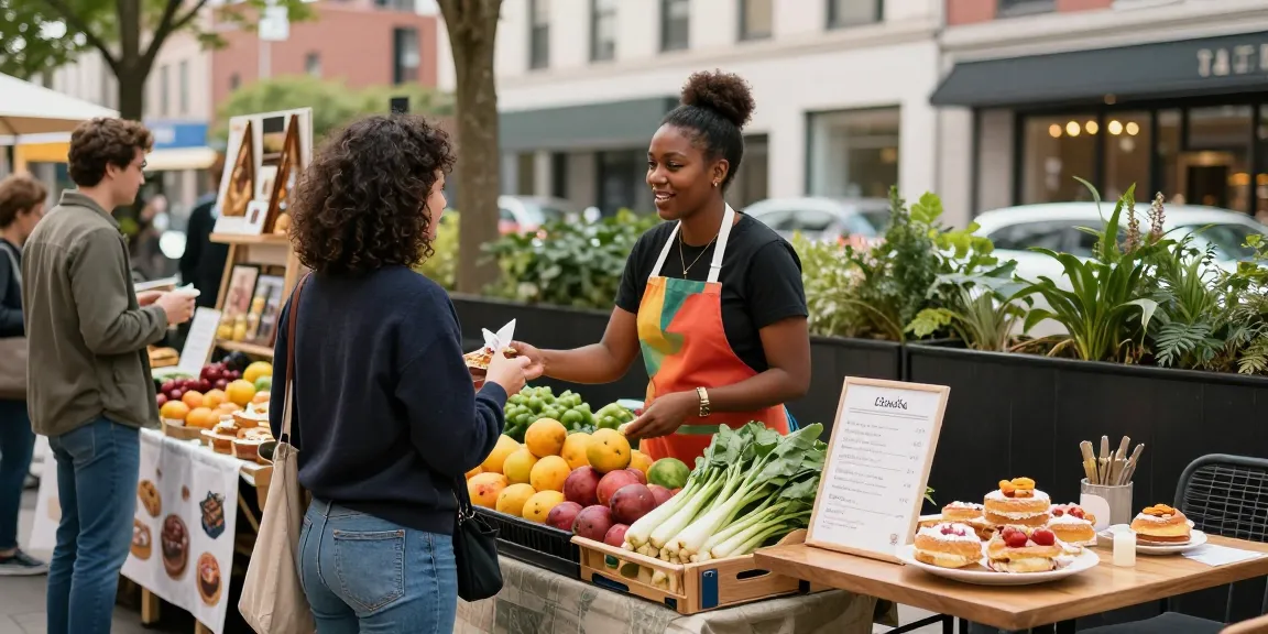 Vibrant urban marketplace scene showcasing local vendors and fresh produce, enhancing community engagement.