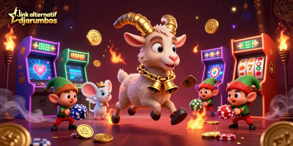 Engage in exciting gameplay with link alternatif djarumbos in this lively 3D casino scene filled with festive characters.