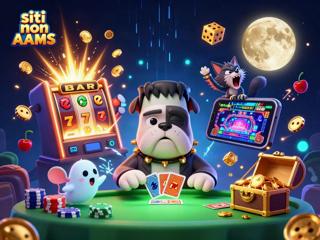 Scopri i siti non AAMS con un bulldog Frankenstein e un gatto mannaro, circondati da slot e giochi.