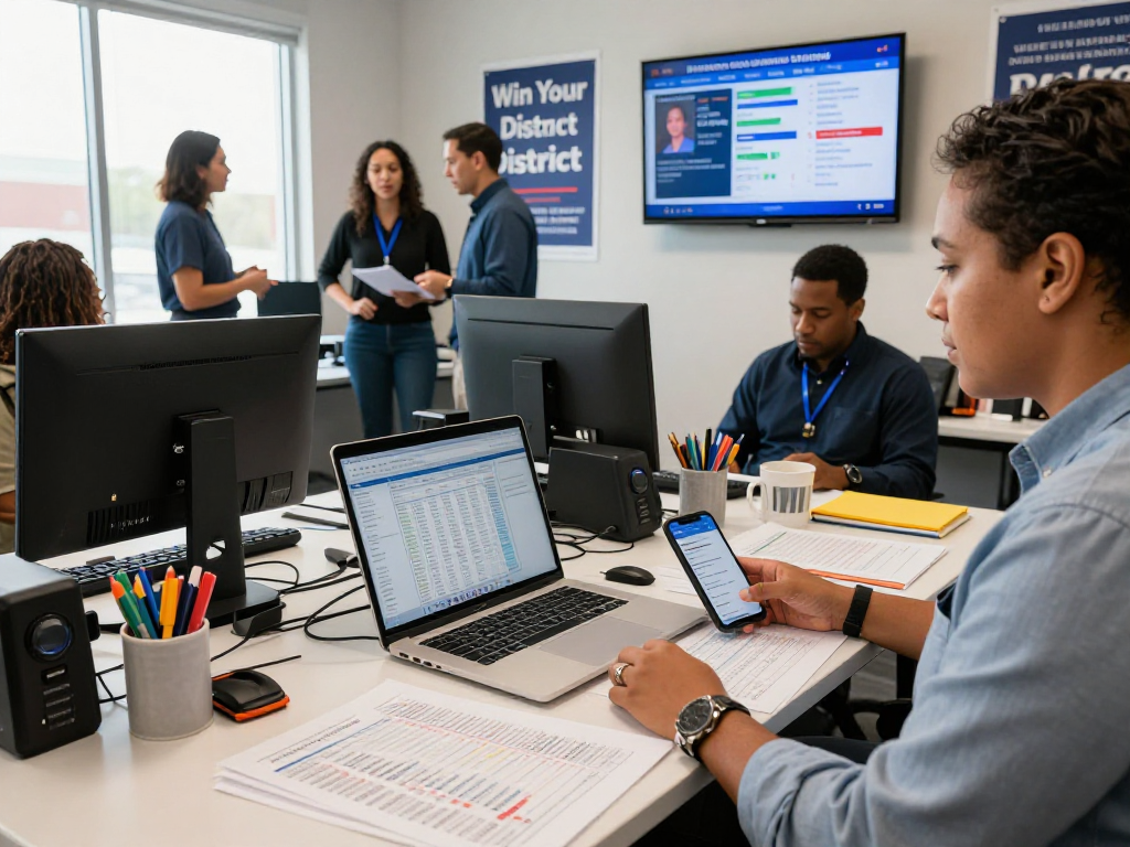 Campaign manager utilizing a power dialer for campaigns in a vibrant office, focused on voter data analytics.