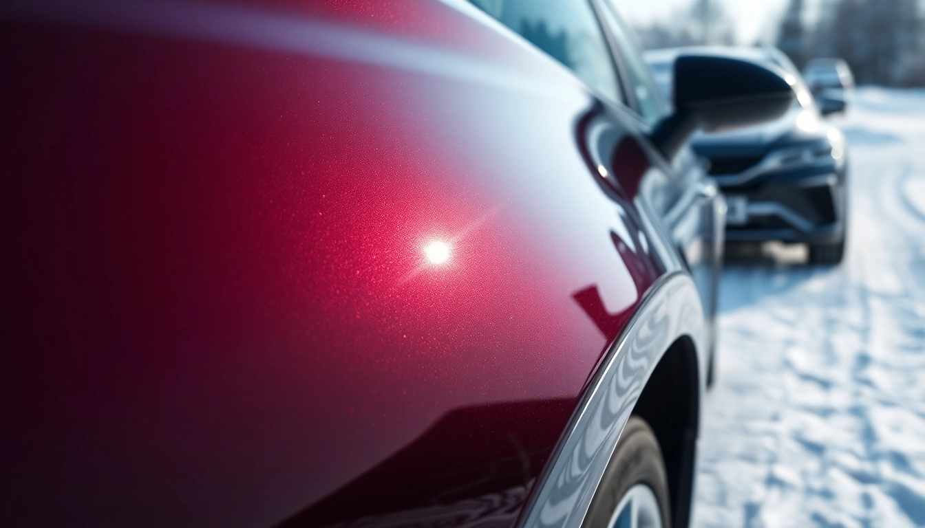 Enhance PPF winter road salt protection with a glossy car in a snowy setting.