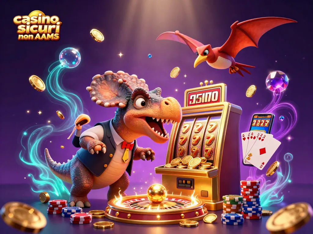 Gioca nei casino sicuri non AAMS e osserva una scena vivace con un dinosauro e slot d'oro