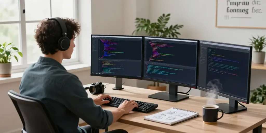 Developer coding with Notepad++ in a bright, modern workspace, with dual monitors and ergonomic desk.