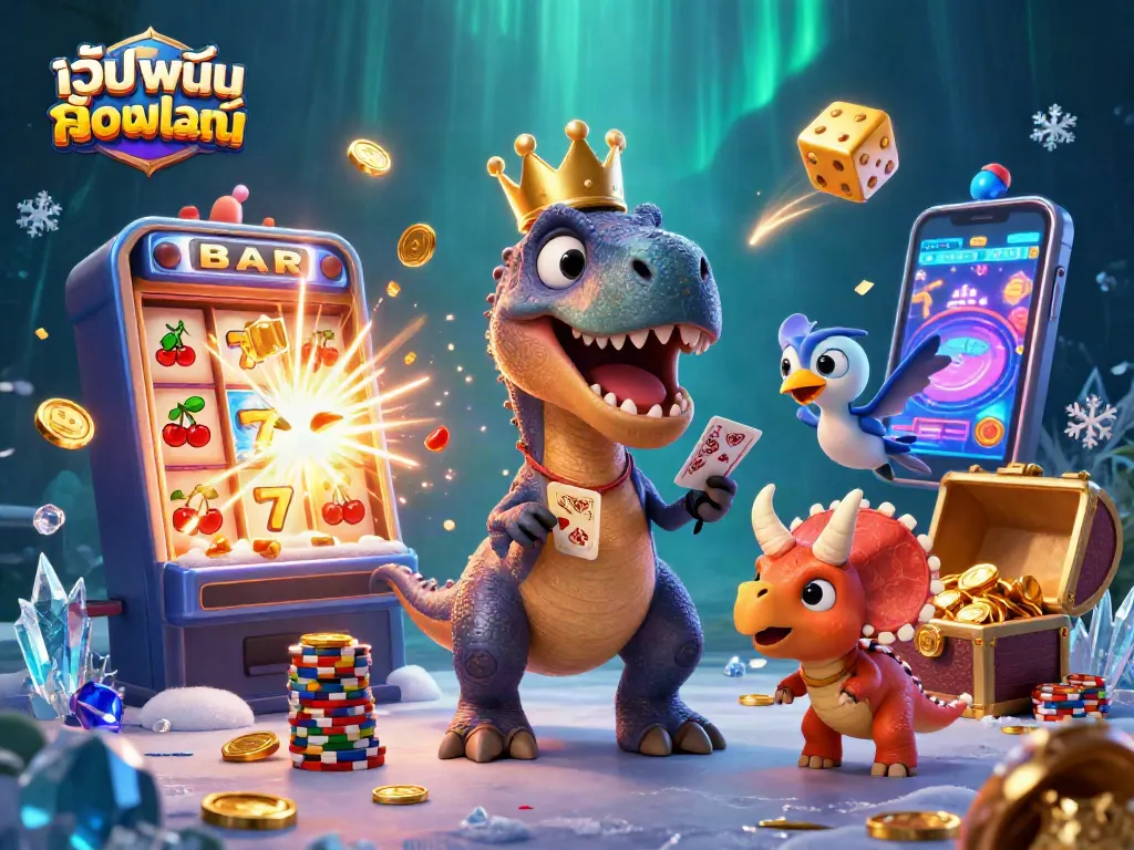 เล่นเกมที่เว็บพนันออนไลน์ในภาพ 3D สีสันสดใส พร้อมอักขระและเครื่องเล่นเกมที่น่าสนใจ