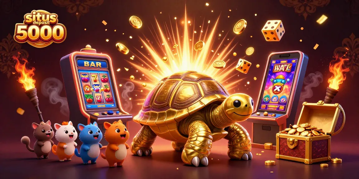 Experience thrilling wins at situs deposit 5000 with a dynamic scene of a colossal golden tortoise hosting an exciting jackpot.