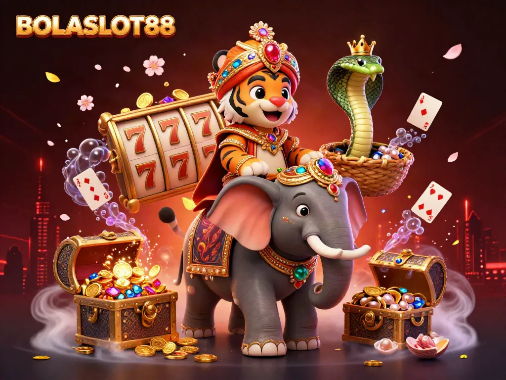 BOLASLOT88 showcases a vibrant 3D scene with a maharaja tiger, jewels, and slot reels, capturing excitement for players.