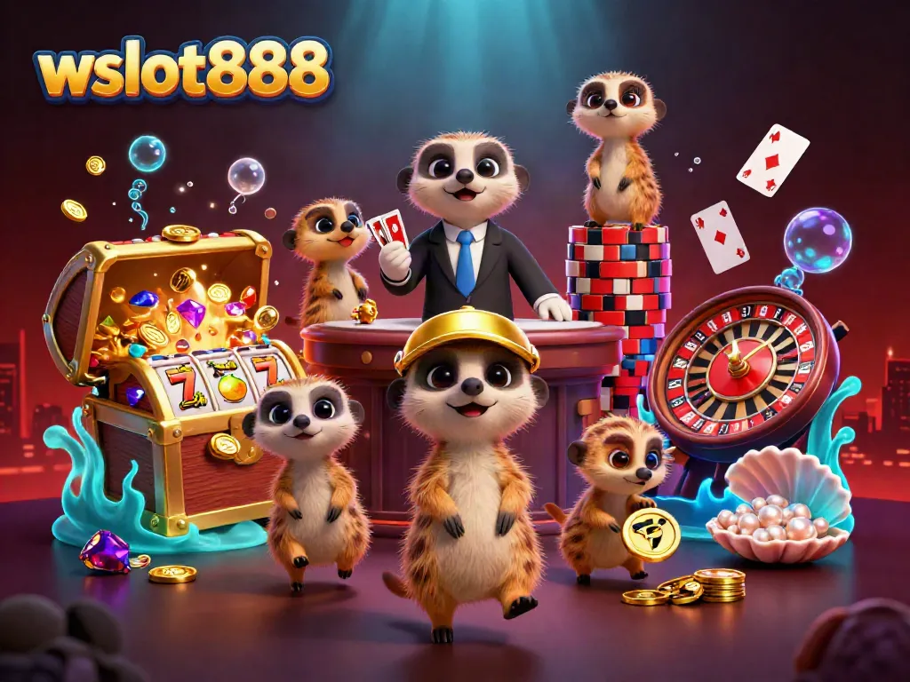 Mainkan slot gacor di wslot888 dengan koloni meerkat dalam suasana kasino yang meriah.