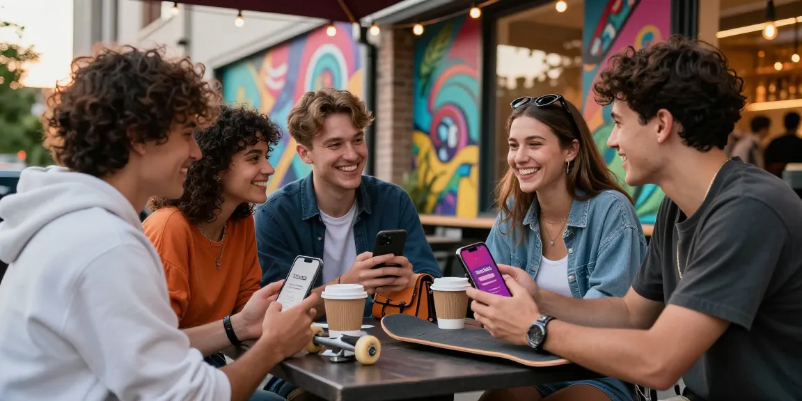 Group of friends enjoying urban lifestyle with rokok88 app on smartphones in stylish apparel.
