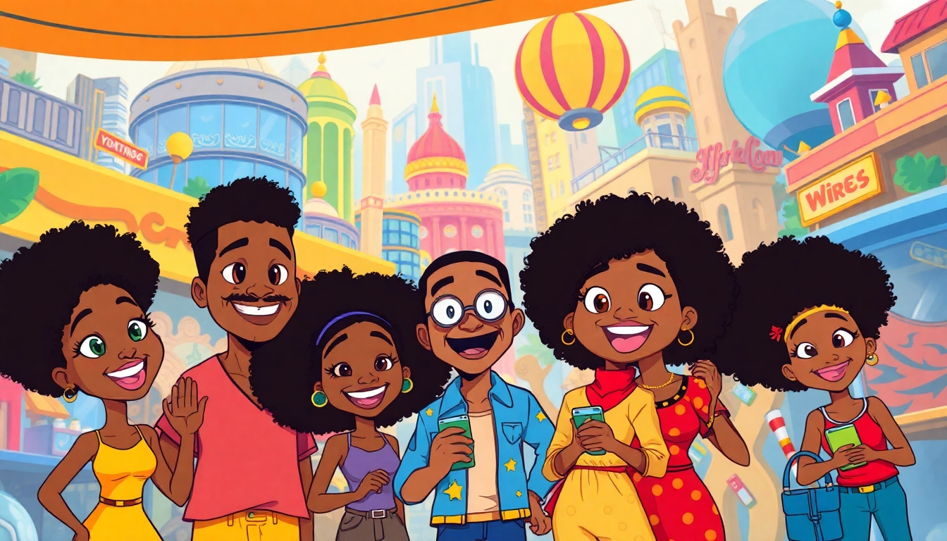 A vibrant scene showcasing diverse African American cartoons in an animated universe, emphasizing cultural representation.