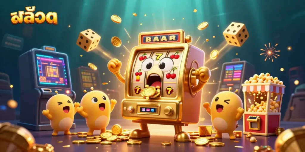 Experience the thrill with สล็อต as a 3D golden slot machine hits a jackpot, coins cascading around joyfully.
