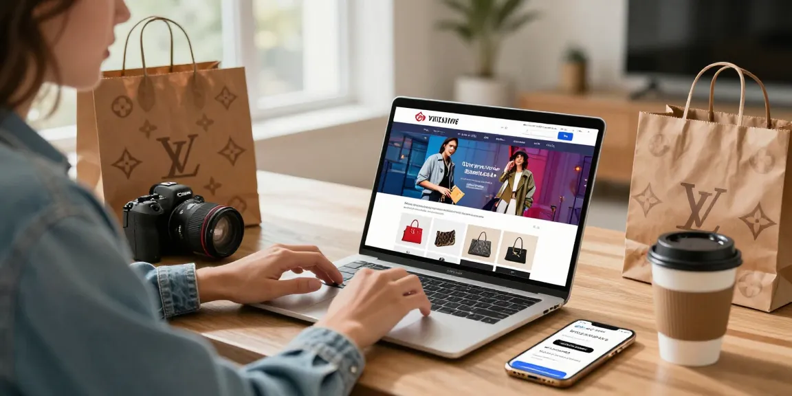 Stylish individual engaging with 레플리카 사이트 online shopping while surrounded by trendy items in a modern home office.