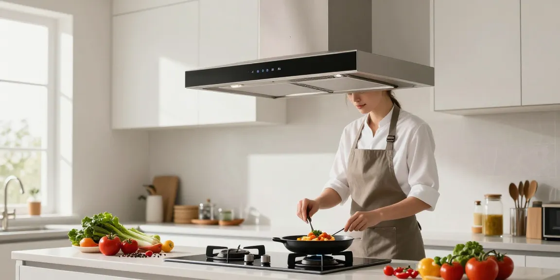 Best 60cm cooker hood showcased in a modern kitchen with cooking activity and fresh ingredients.