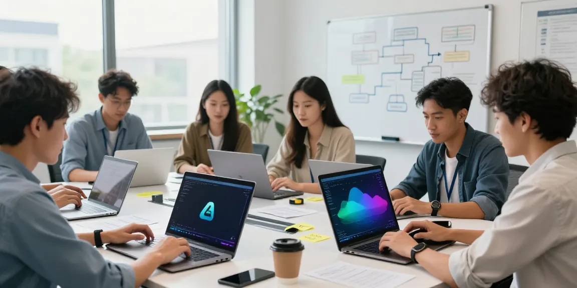 Experts optimizing azure cloud management services in a collaborative tech workspace, showcasing dynamic teamwork and modern technology.