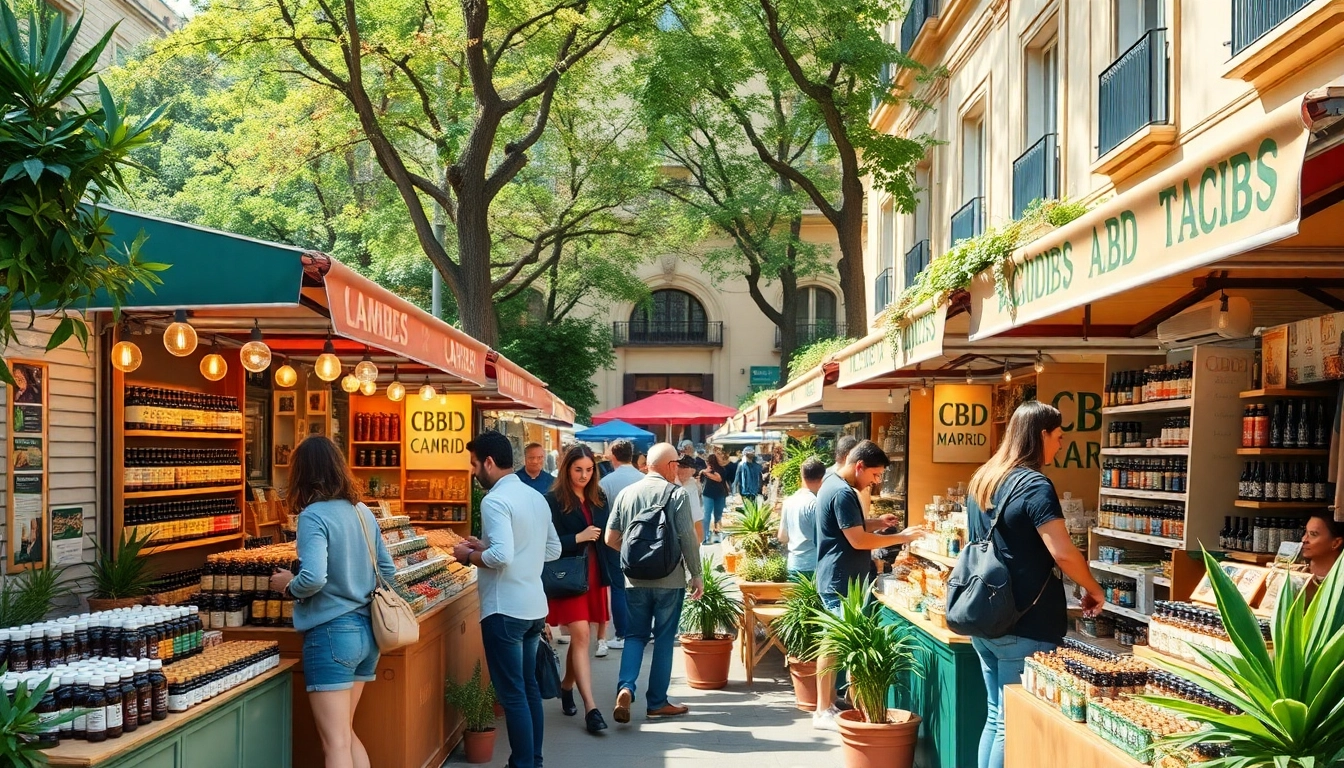 Vibrant CBD Madrid market showcasing diverse products and engaging customers.