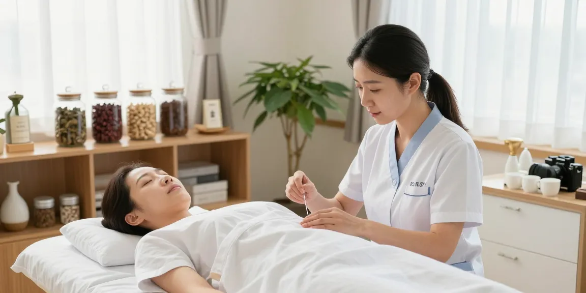 Patient receiving treatment at 수원교통사고한의원 by a caring acupuncturist in a serene environment.