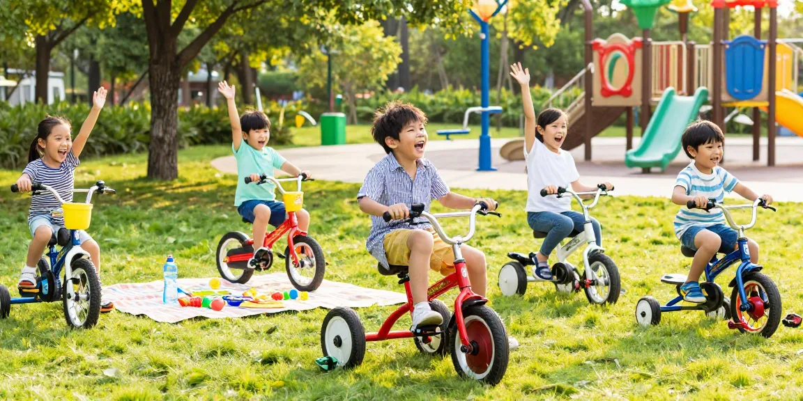 Kids riding best kids tricycles in a park filled with laughter and joy.