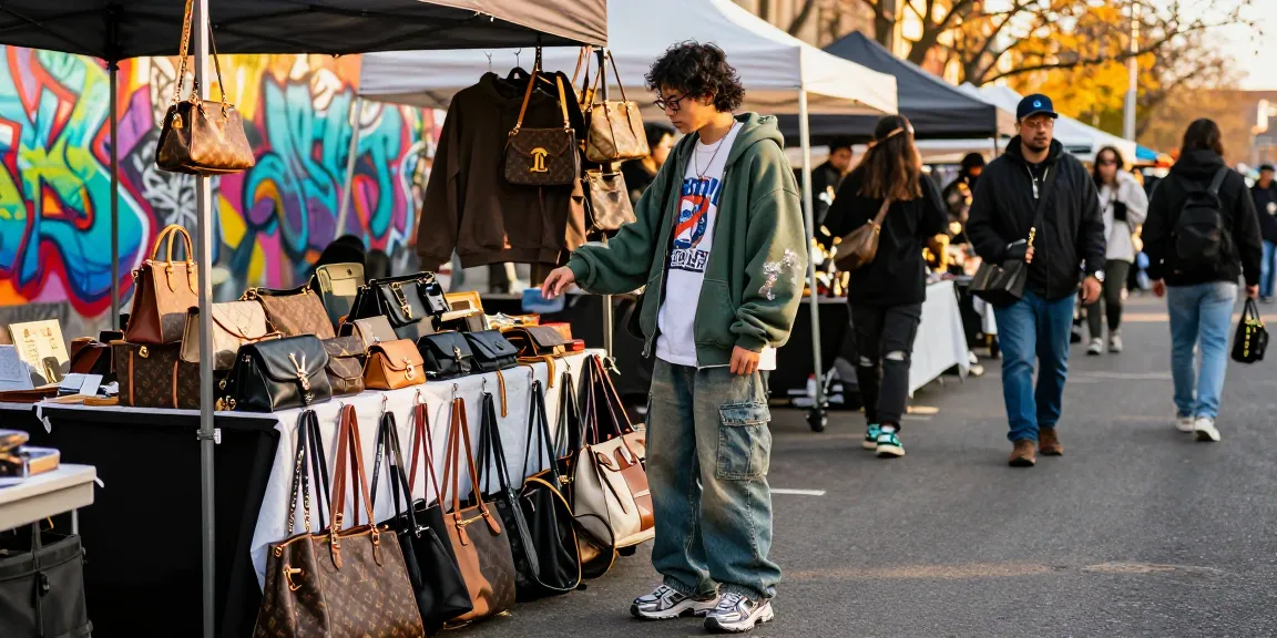 Shopping for luxury 레플리카 쇼핑몰 bags at an urban street market.