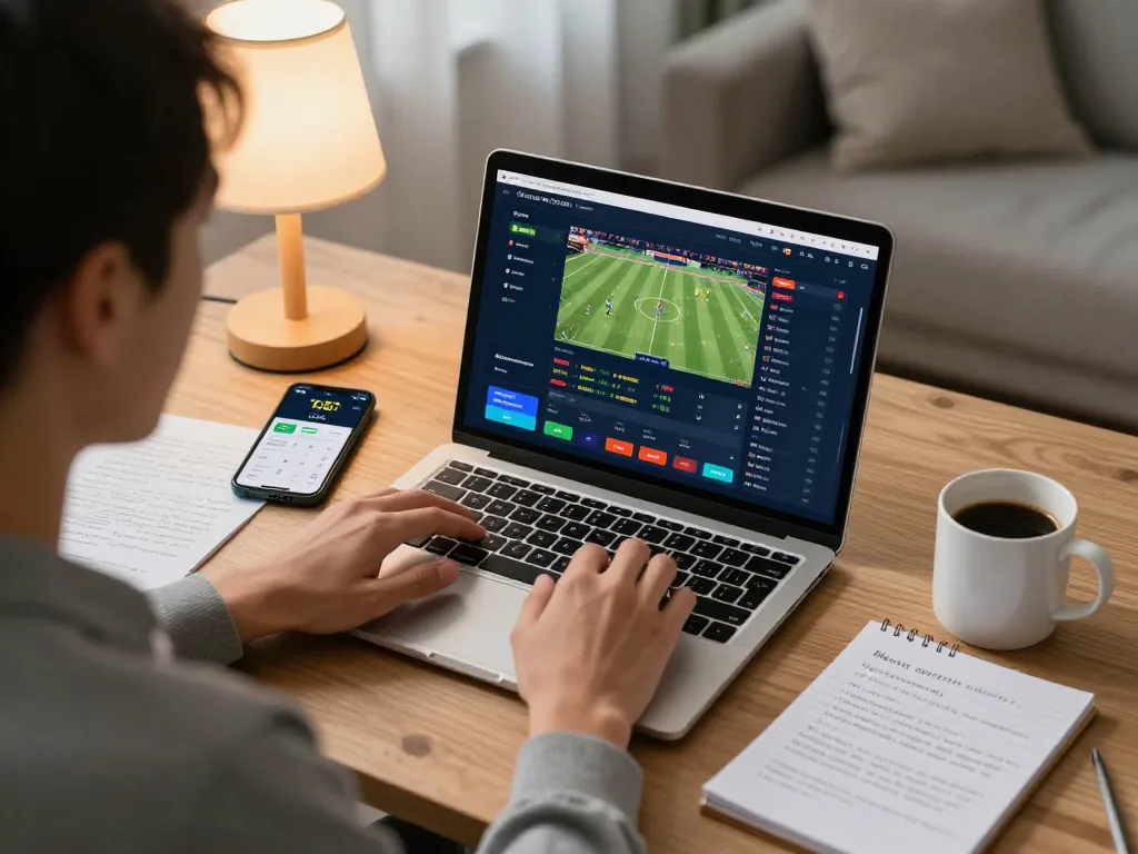 Engaged user exploring 7m live sports betting options on a laptop with a smartphone beside them.