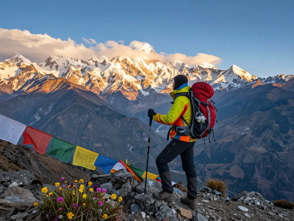 Annapurna Circuit trek with a traveler at sunrise overlooking majestic Himalayas.