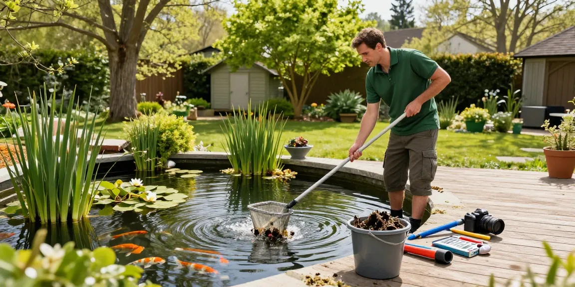 Pond Clean Kent service showcasing a professional cleaning a backyard pond surrounded by vibrant greenery and aquatic plants.