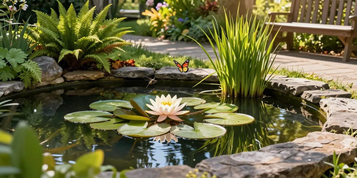 Pond plants including vibrant water lilies and ferns surrounding a tranquil garden pond.