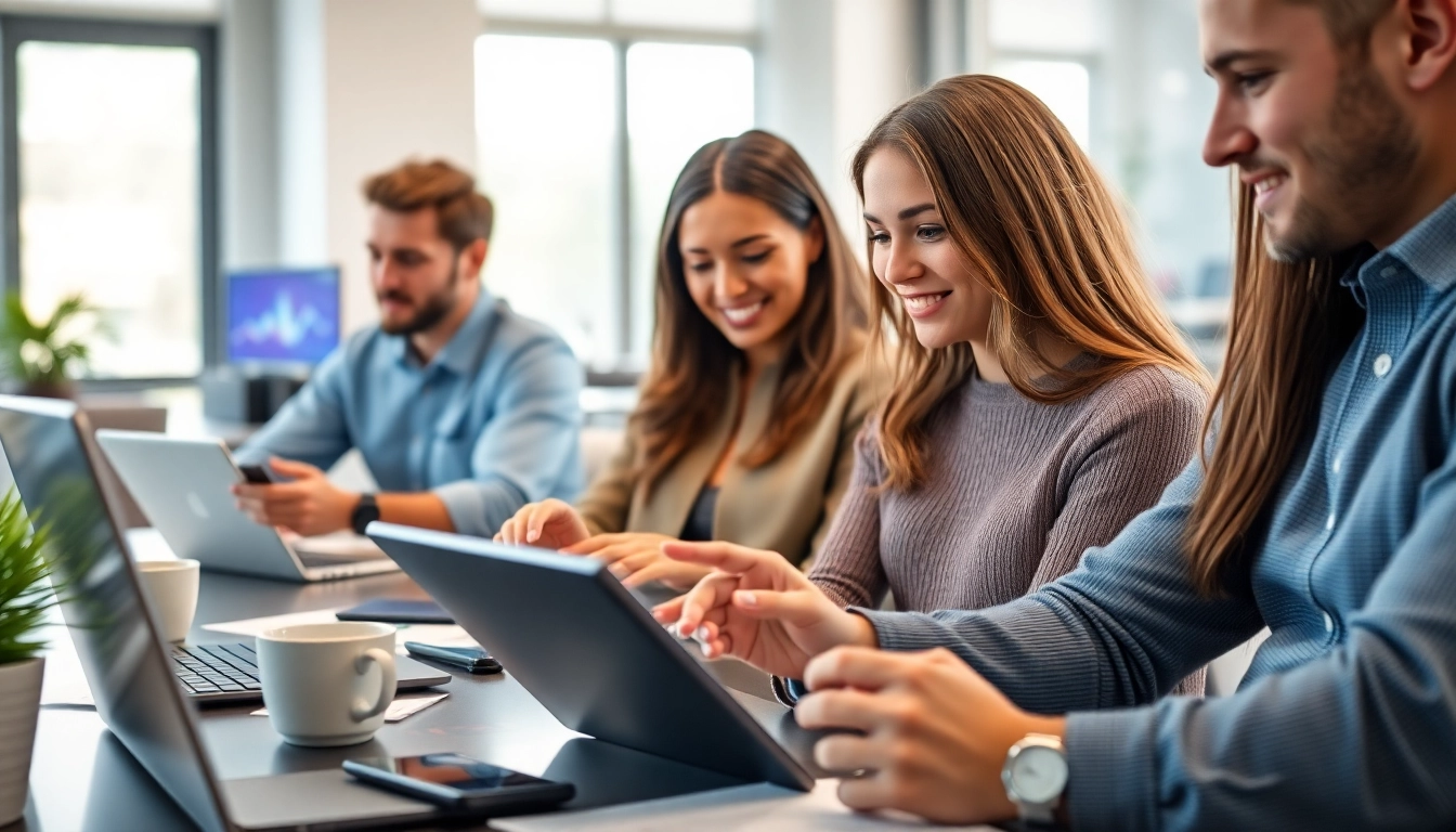 AI assistant for enterprise teams collaborating in a modern office with smart technology elements.