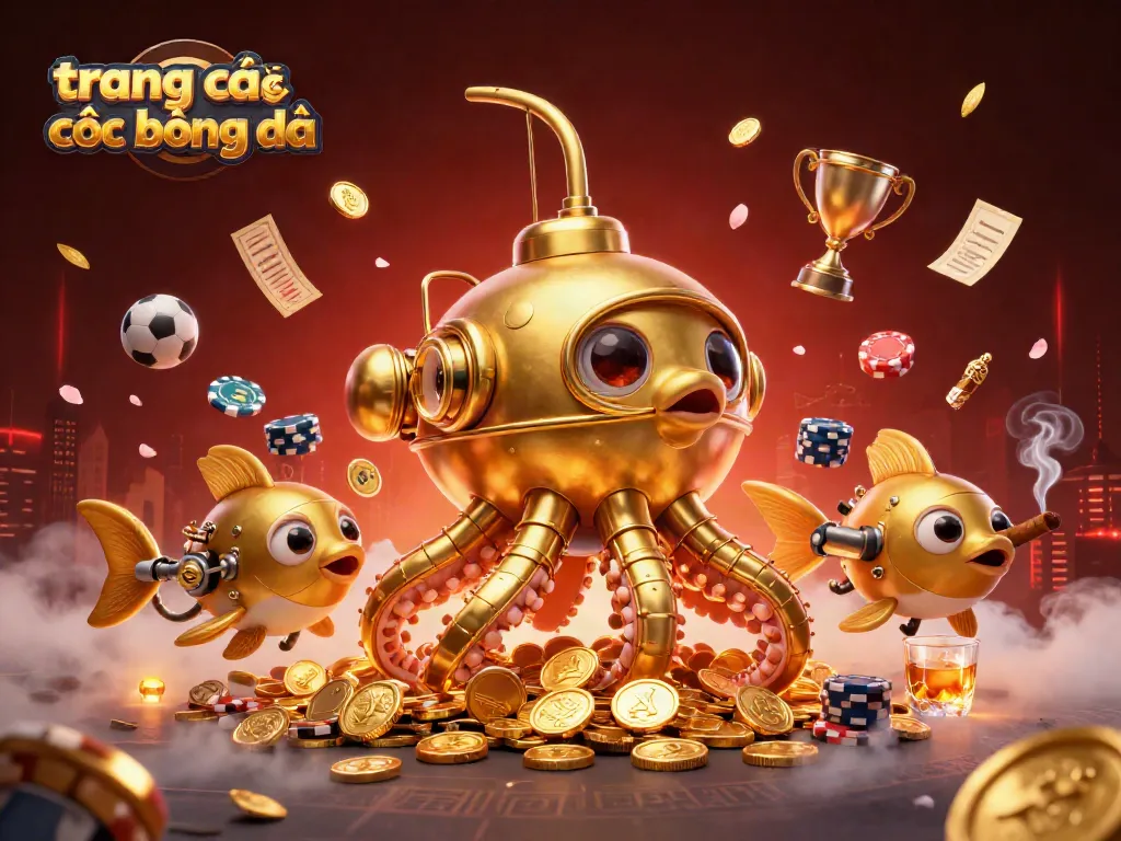 Trang cá cược bóng đá với một con khủng long vàng nổi lên từ biển tiền xu, tạo không khí phấn khích.