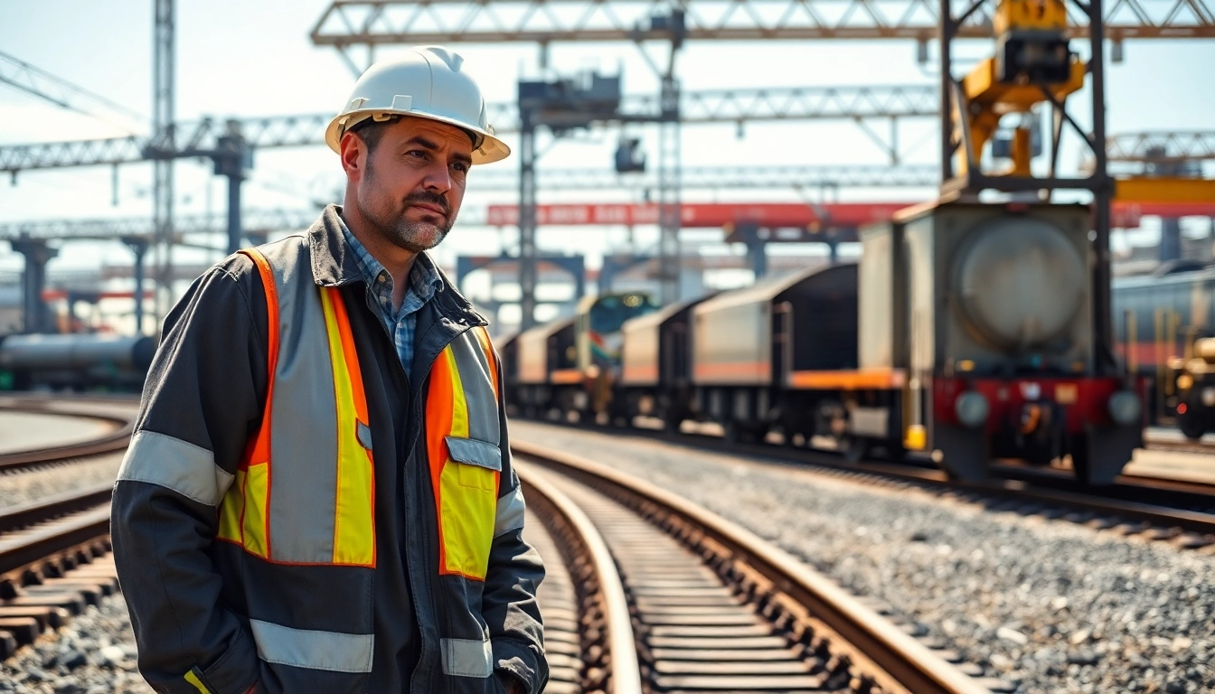 Engineer assessing safety and design in Railroad Engineering with focus on tracks and machinery.