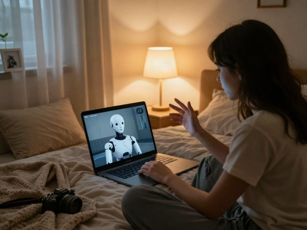 Engaging with a sex bot on a laptop in a cozy bedroom setting, illustrating modern intimacy and technology.