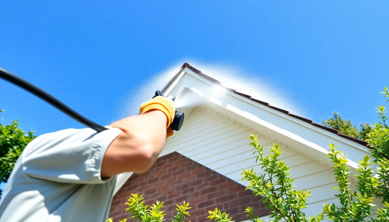 Roof cleaning process with a technician using soft wash methods, ensuring a safe and effective clean.