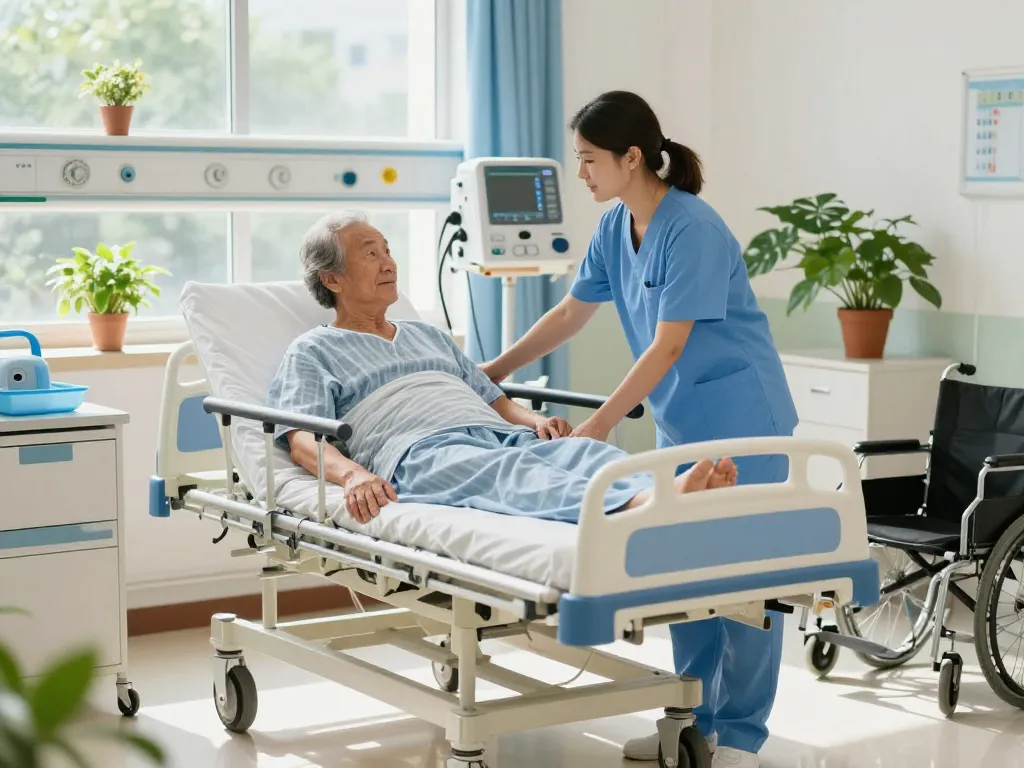 Helping an elderly patient with a giường bệnh nhân in a well-lit healthcare setting with medical equipment.