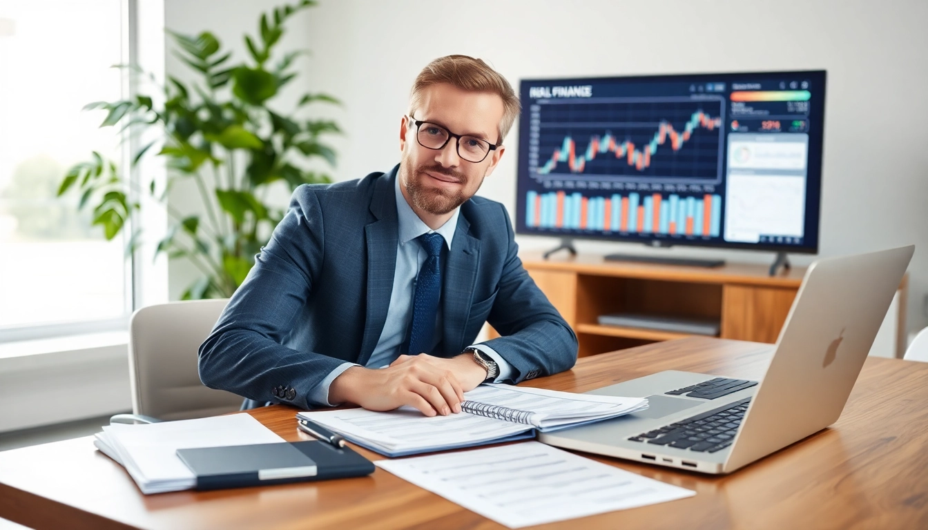 Real Estate Finance consultant analyzing documents with modern office background.