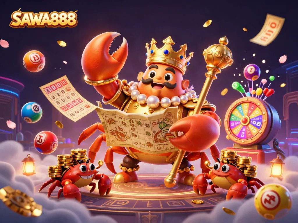 Engage with SAWA888's vibrant lottery scene featuring a golden crab emperor and dynamic game elements.