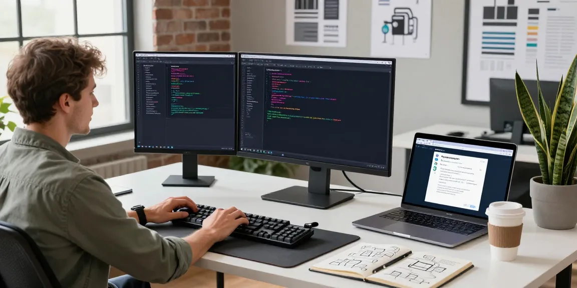 Workspace featuring Notepad++ editor setup with dual monitors, coffee, and plants