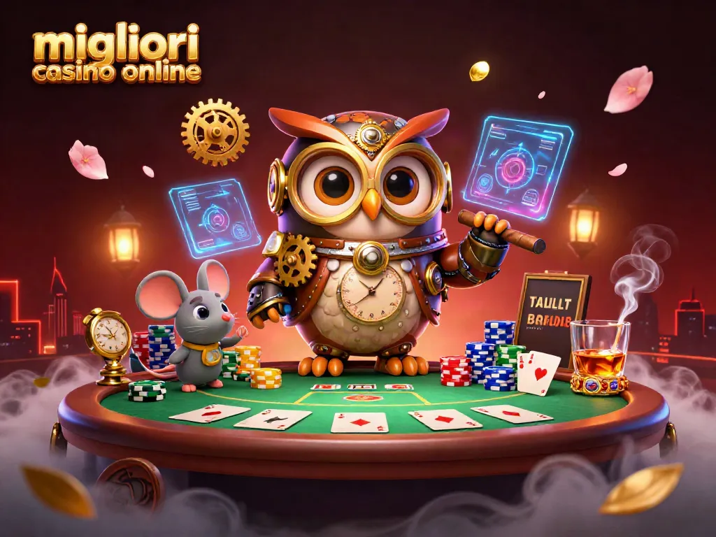 Scopri i migliori casino online con la nostra illustrazione di un gufo del tempo tra elementi di gioco d'azzardo.