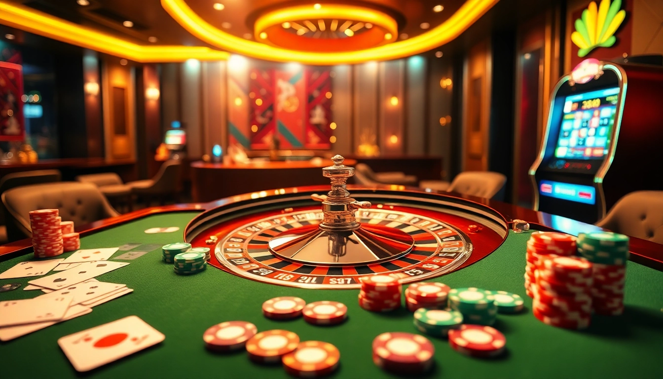Scène engageante présentant un site de casino en ligne avec une table de roulette moderne, une machine à sous lumineuse et des éléments de paris colorés.
