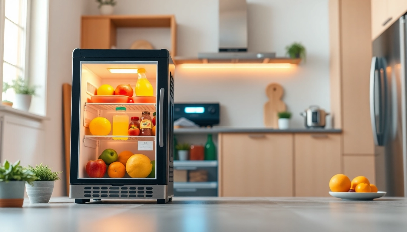 Showcase of an affordable mini fridge and freezer filled with fresh fruits, belonging in a modern kitchen.