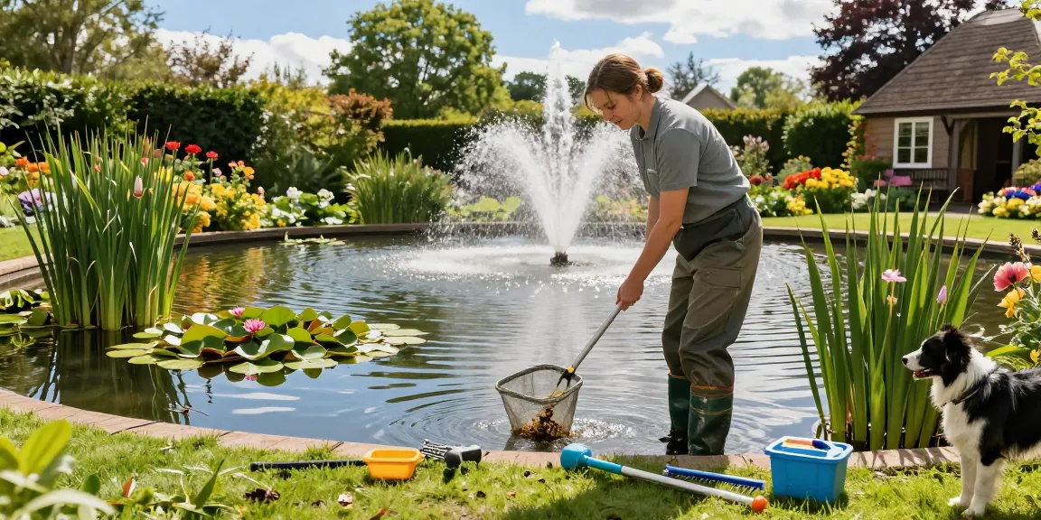 Pond Clean Kent professional service removing debris from a vibrant garden pond