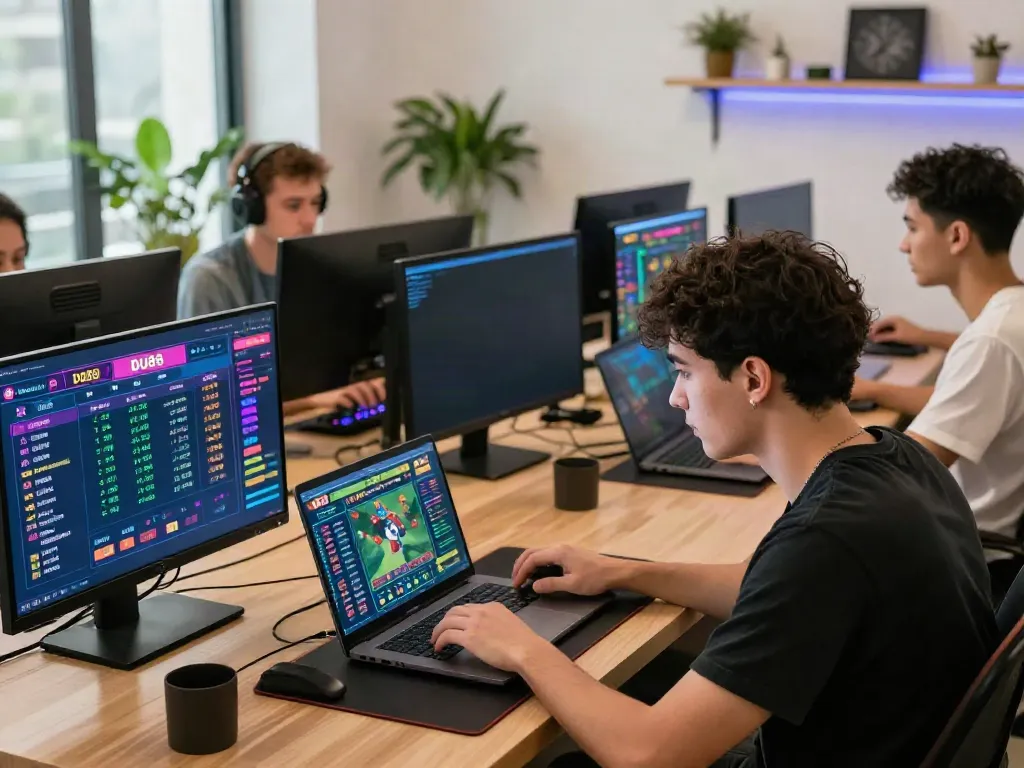 Engaged players at DU88 enjoying online gaming and betting in a modern home office.