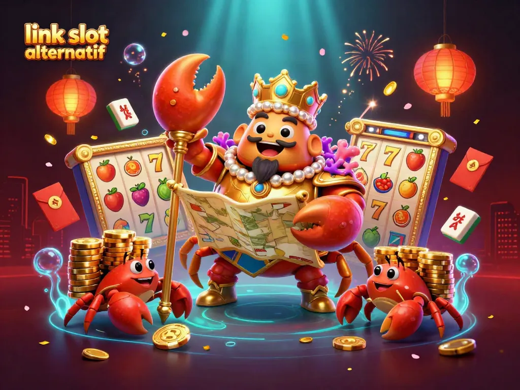 Menggali link slot alternatif yang menarik dengan ilustrasi kaisar kepiting emas dan simbol slot online.