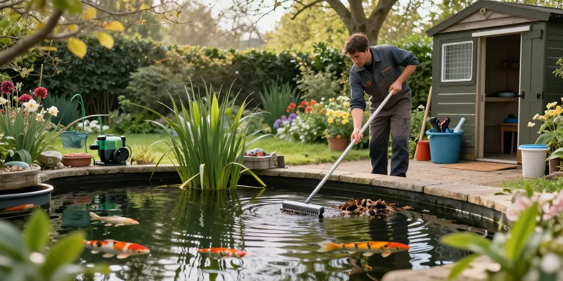 Pond Cleaning London expert removing debris from a serene garden pond in London, surrounded by lush greenery and koi fish.
