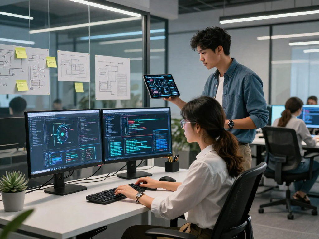 Dynamic AI development team collaboration scene showcasing a diverse group working on innovative software projects, embodying the concept of crush on ai.