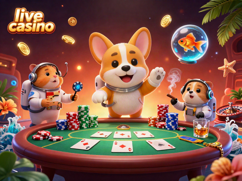Experience excitement in a live casino with an astronaut corgi and vibrant gaming elements