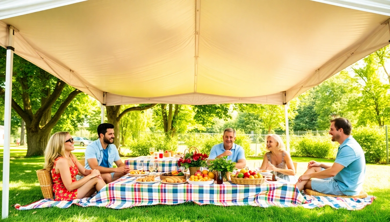 Set up a pop up canopy for a joyful outdoor picnic with families enjoying the shade.