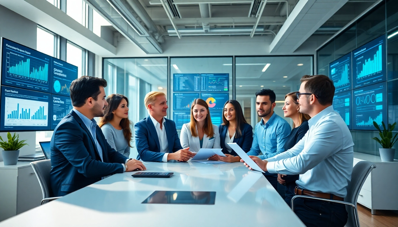 Efficient team analyzing data for b2b competitive intelligence insights in a bright office.