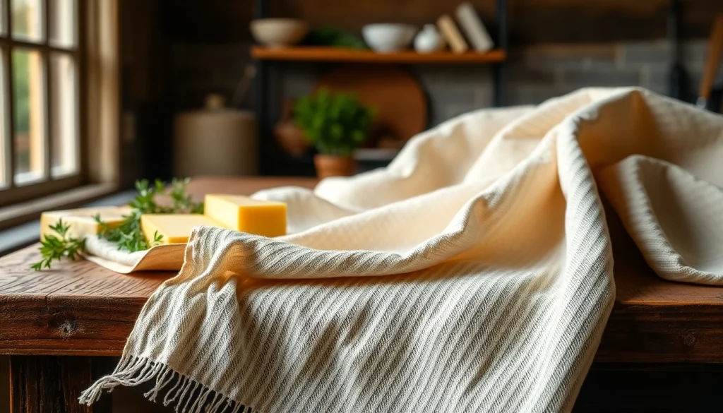 Gebruik van kaasdoek voor het maken van verse kaas op een houten tafel met kruiden.